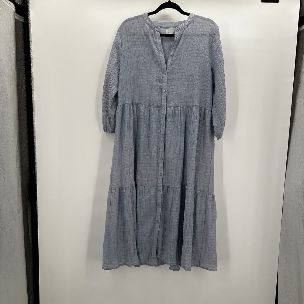 ICHI Antiques Dress Womens Small Blue Button Front Cottage Lagenlook Tiered
